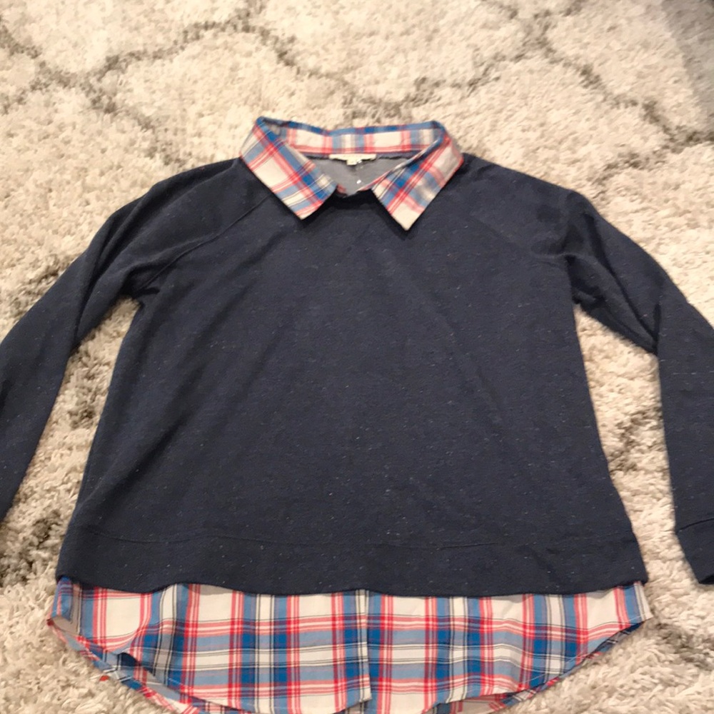 Navy sweatshirt with plaid collared undershirt